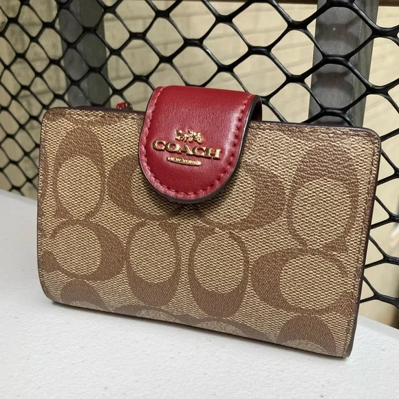 Coach Signature Medium Corner Zip Wallet Khaki Brown Tan Cherry Red Snap Button - Picture 1 of 17